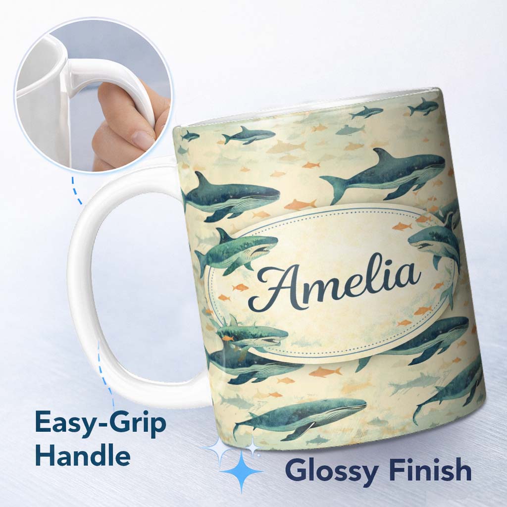 Personalized Custom Name Beige Ocean Whale Seamless Pattern Soft Marine Animal Illustration 11oz Ceramic Coffee Tea Mug White Large Handle
