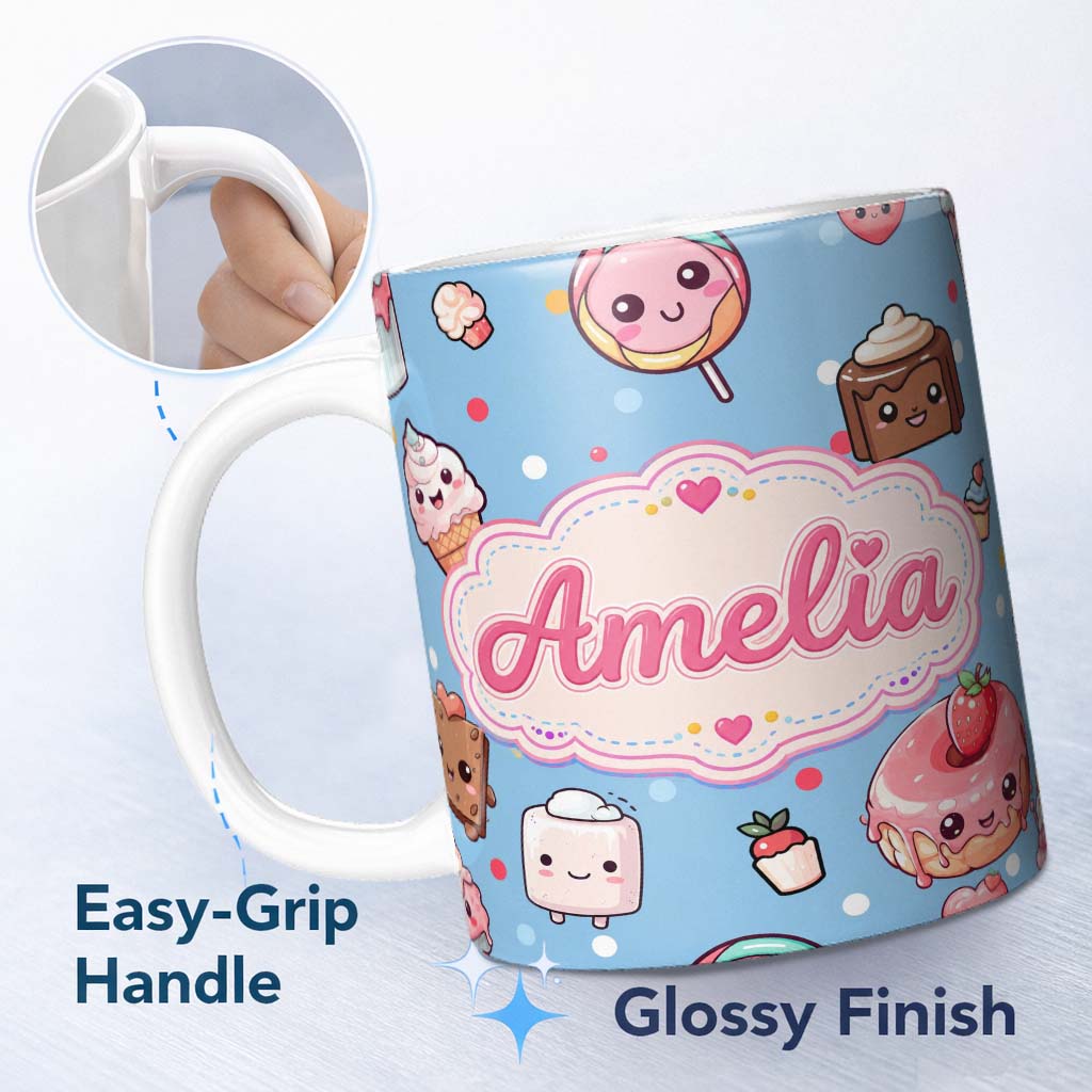 Personalized Custom Name Kawaii Desserts and Donuts with Strawberry on Blue Background 11oz Ceramic Coffee Tea Mug White Large Handle