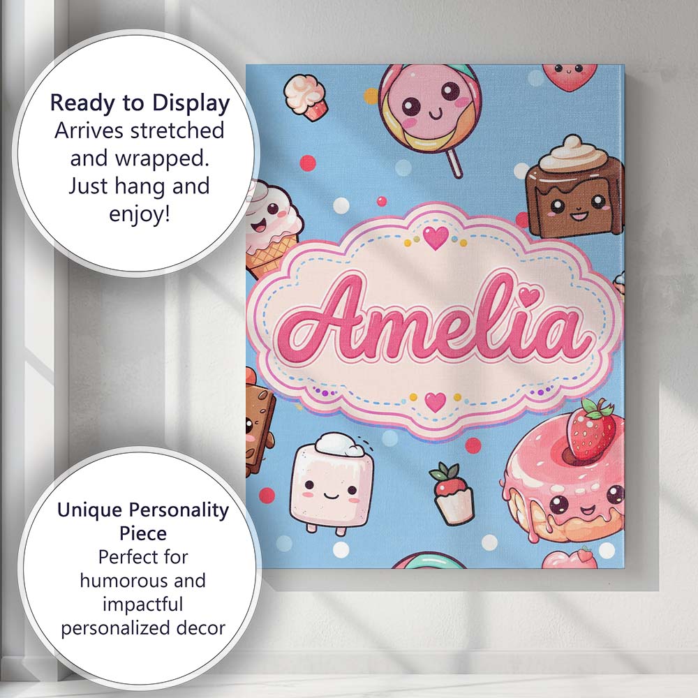 Personalised Name Kawaii Desserts and Custom Modern Room Accent Creative Decorator Style Canvas Wall Art Print Decor Picture Ready to Hang