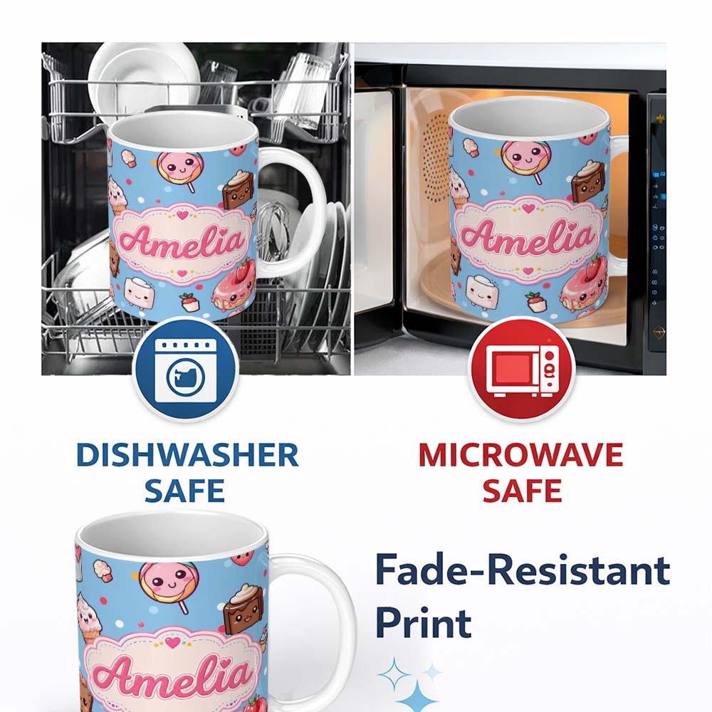 Personalized Custom Name Kawaii Desserts and Donuts with Strawberry on Blue Background 11oz Ceramic Coffee Tea Mug White Large Handle