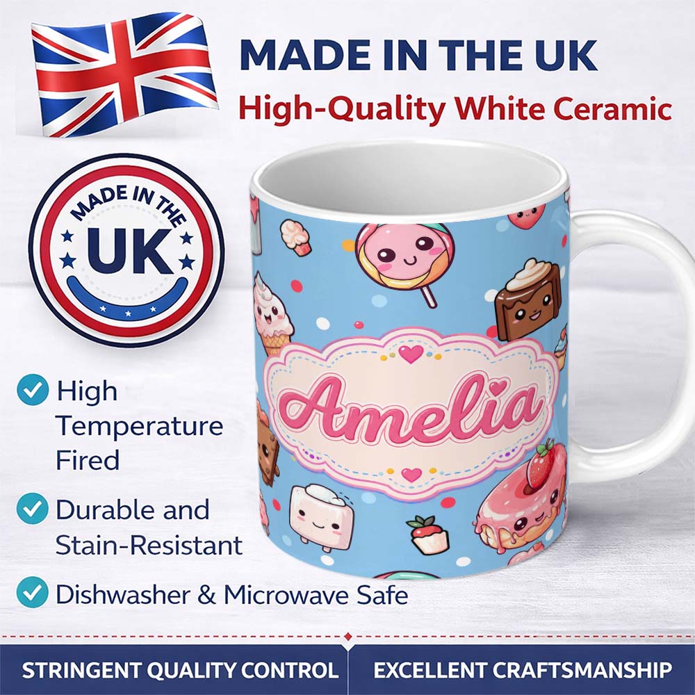 Personalized Custom Name Kawaii Desserts and Donuts with Strawberry on Blue Background 11oz Ceramic Coffee Tea Mug White Large Handle