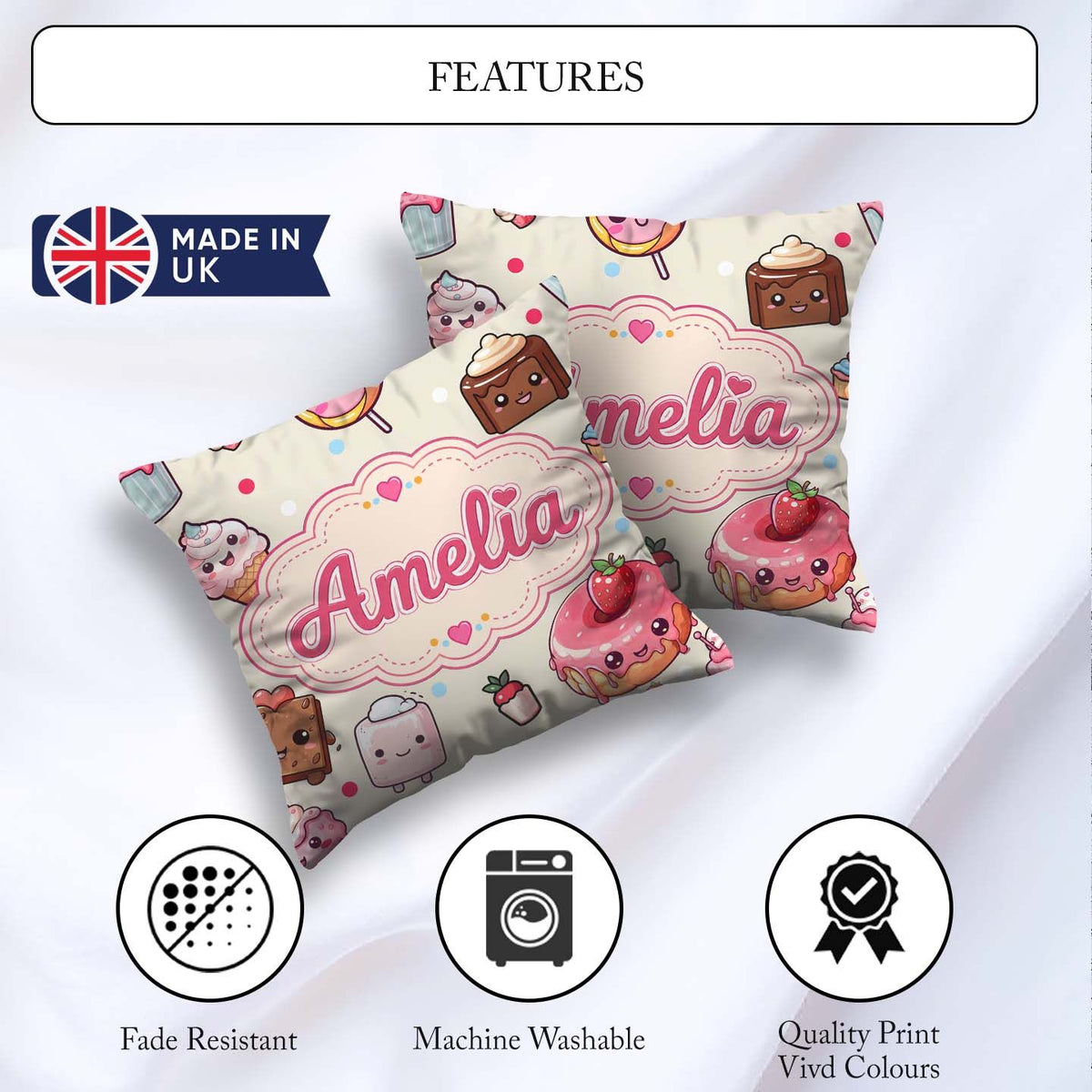 Custom Name Kawaii Dessert and Donuts with Strawberry on Cream Square Filled Cushion Throw Pillow Sofa Bed Home Decor Zip Washable UK Made