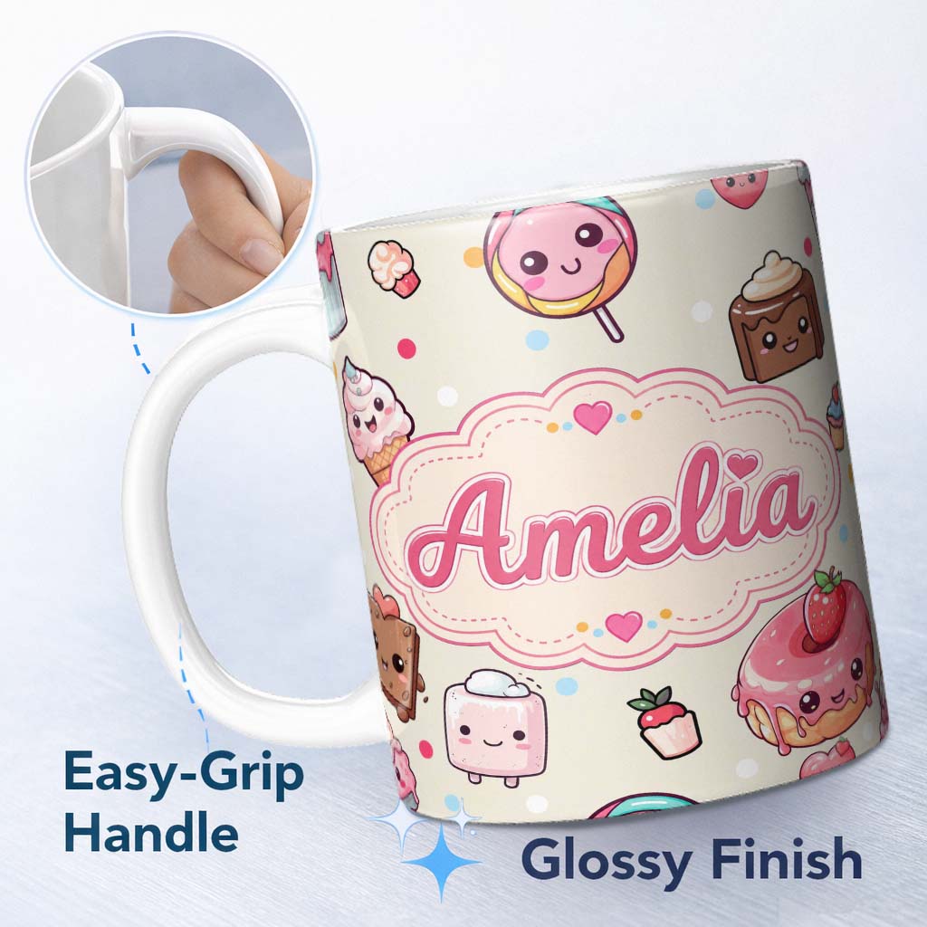 Personalized Custom Name Kawaii Dessert and Donuts with Strawberry on Cream Background 11oz Ceramic Coffee Tea Mug White Large Handle