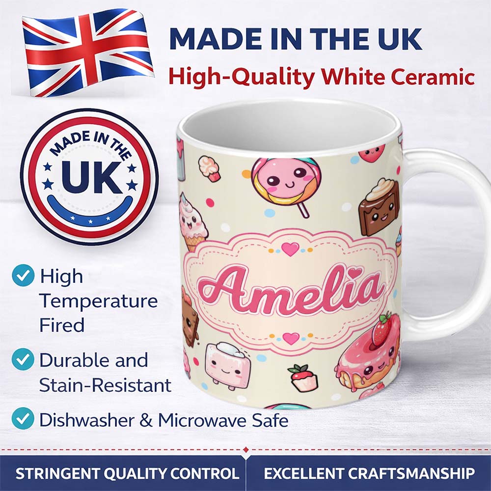 Personalized Custom Name Kawaii Dessert and Donuts with Strawberry on Cream Background 11oz Ceramic Coffee Tea Mug White Large Handle