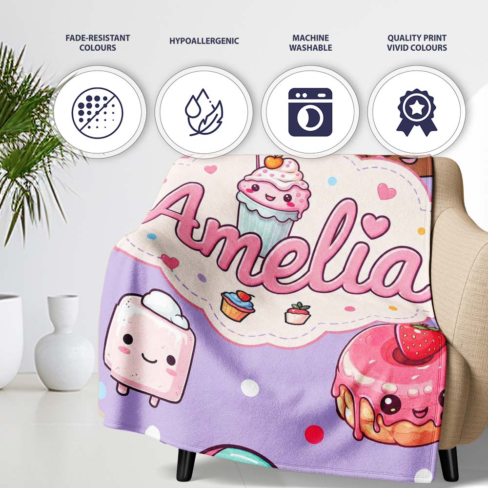 Kawaii Desserts Cupcake Donut and Sweets on Purple Background Personalised Custom Name Super Soft Fleece Blanket Bed Sofa Throw