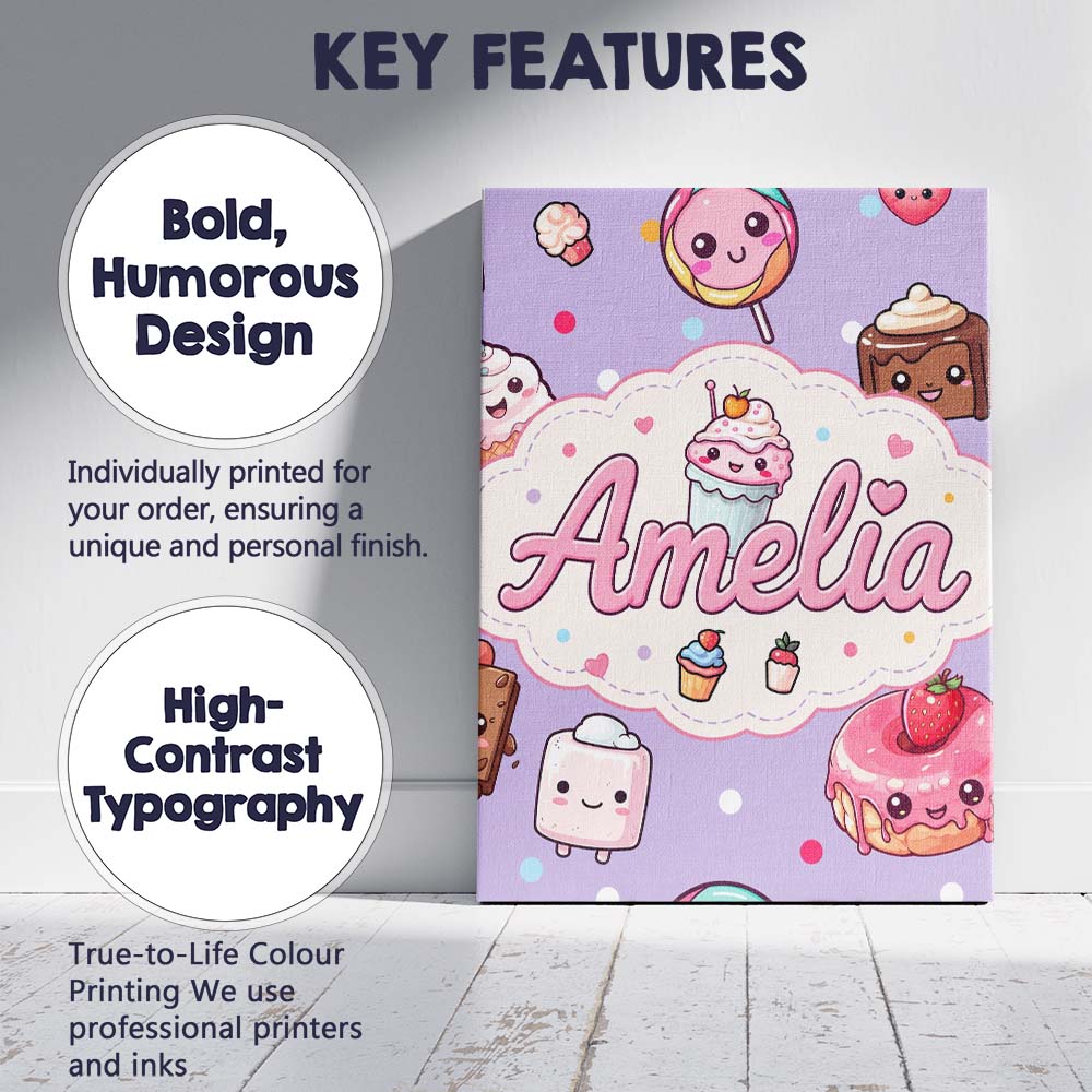 Personalised Name Kawaii Desserts Cupcake Custom Unique Gift Idea Elegant Feature Canvas Wall Art Print Decor Picture Ready to Hang