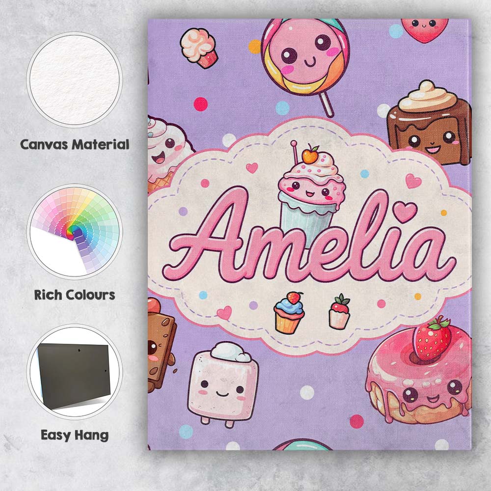 Personalised Name Kawaii Desserts Cupcake Custom Unique Gift Idea Elegant Feature Canvas Wall Art Print Decor Picture Ready to Hang