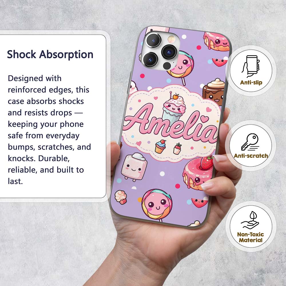 Kawaii Desserts Cupcake Donut and Printed Design Custom Name Protective Phone Case Mobile Cover Durable Everyday Smartphone Shock Resistant
