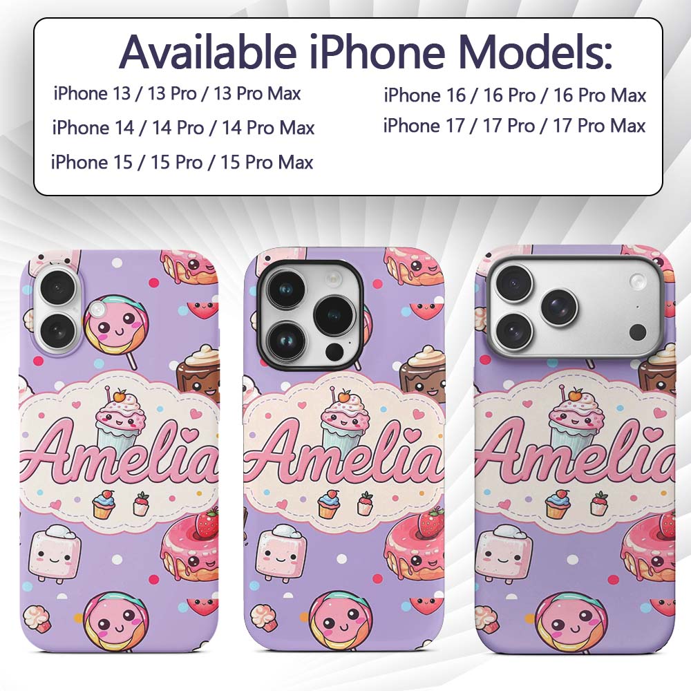 Kawaii Desserts Cupcake Donut and Printed Design Custom Name Protective Phone Case Mobile Cover Durable Everyday Smartphone Shock Resistant