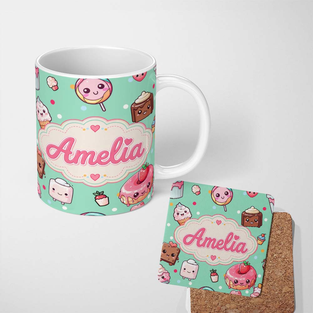 Personalized Custom Name Desserts Cupcakes Donuts and Sweets on Mint Green Background 11oz Ceramic Coffee Tea Mug White Large Handle