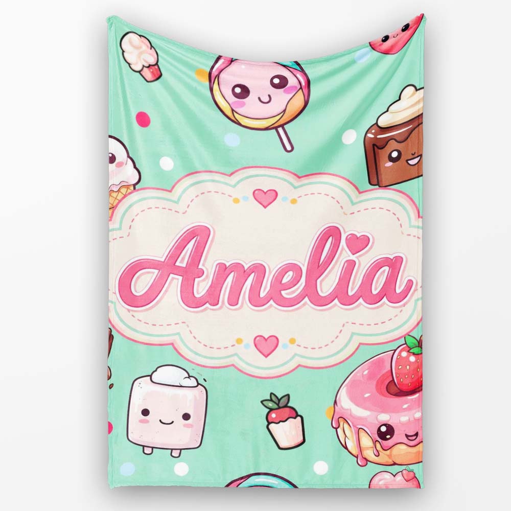 Desserts Cupcakes Donuts and Sweets on Mint Green Background Personalised Custom Name Super Soft Fleece Blanket Bed Sofa Throw