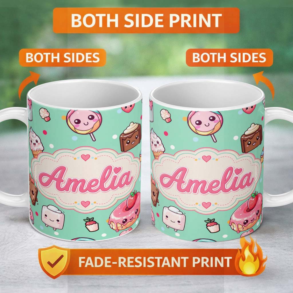 Personalized Custom Name Desserts Cupcakes Donuts and Sweets on Mint Green Background 11oz Ceramic Coffee Tea Mug White Large Handle