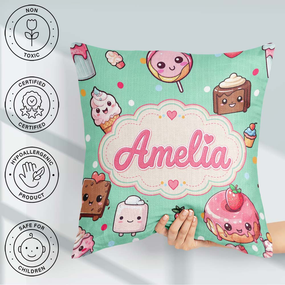 Custom Name Desserts Donuts and Sweets on Mint Green Background Square Filled Cushion Throw Pillow Sofa Bed Home Decor Zip Washable UK Made