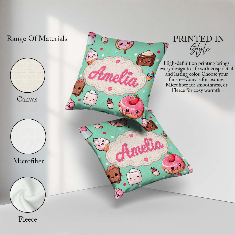 Custom Name Desserts Donuts and Sweets on Mint Green Background Square Filled Cushion Throw Pillow Sofa Bed Home Decor Zip Washable UK Made