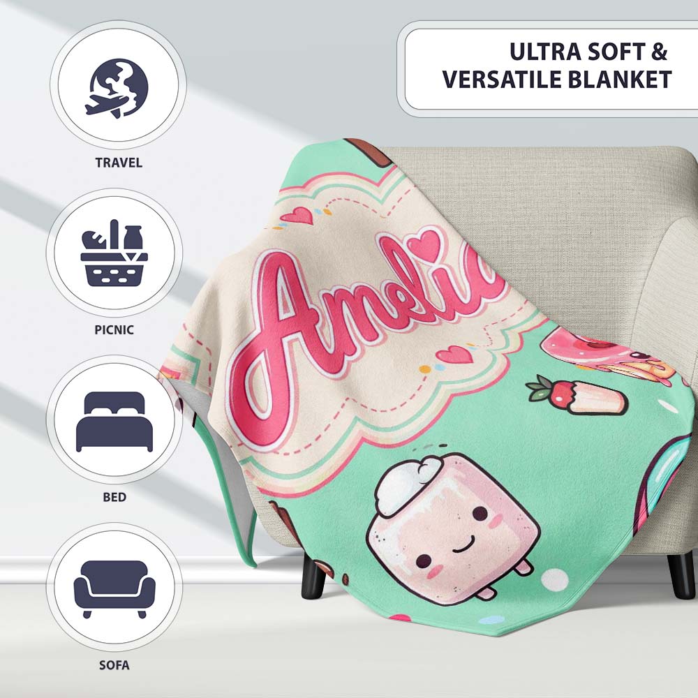 Desserts Cupcakes Donuts and Sweets on Mint Green Background Personalised Custom Name Super Soft Fleece Blanket Bed Sofa Throw