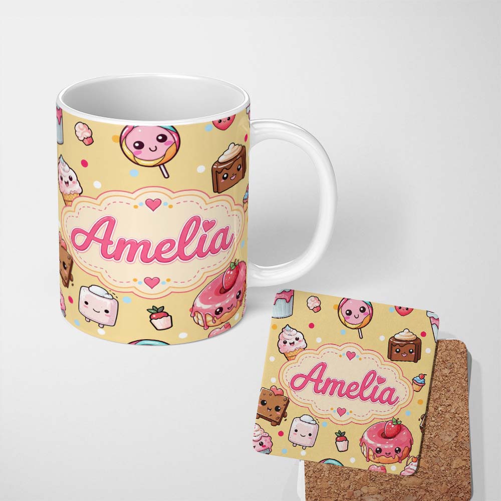 Personalized Custom Name Desserts Cupcakes Donuts and Sweets on Soft Yellow Background 11oz Ceramic Coffee Tea Mug White Large Handle