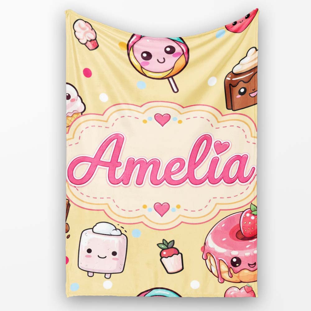 Desserts Cupcakes Donuts and Sweets on Soft Yellow Background Personalised Custom Name Super Soft Fleece Blanket Bed Sofa Throw