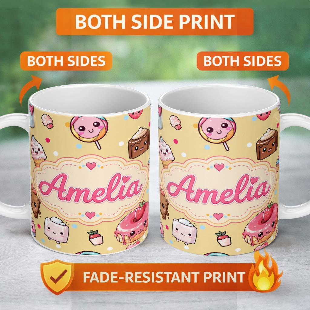 Personalized Custom Name Desserts Cupcakes Donuts and Sweets on Soft Yellow Background 11oz Ceramic Coffee Tea Mug White Large Handle
