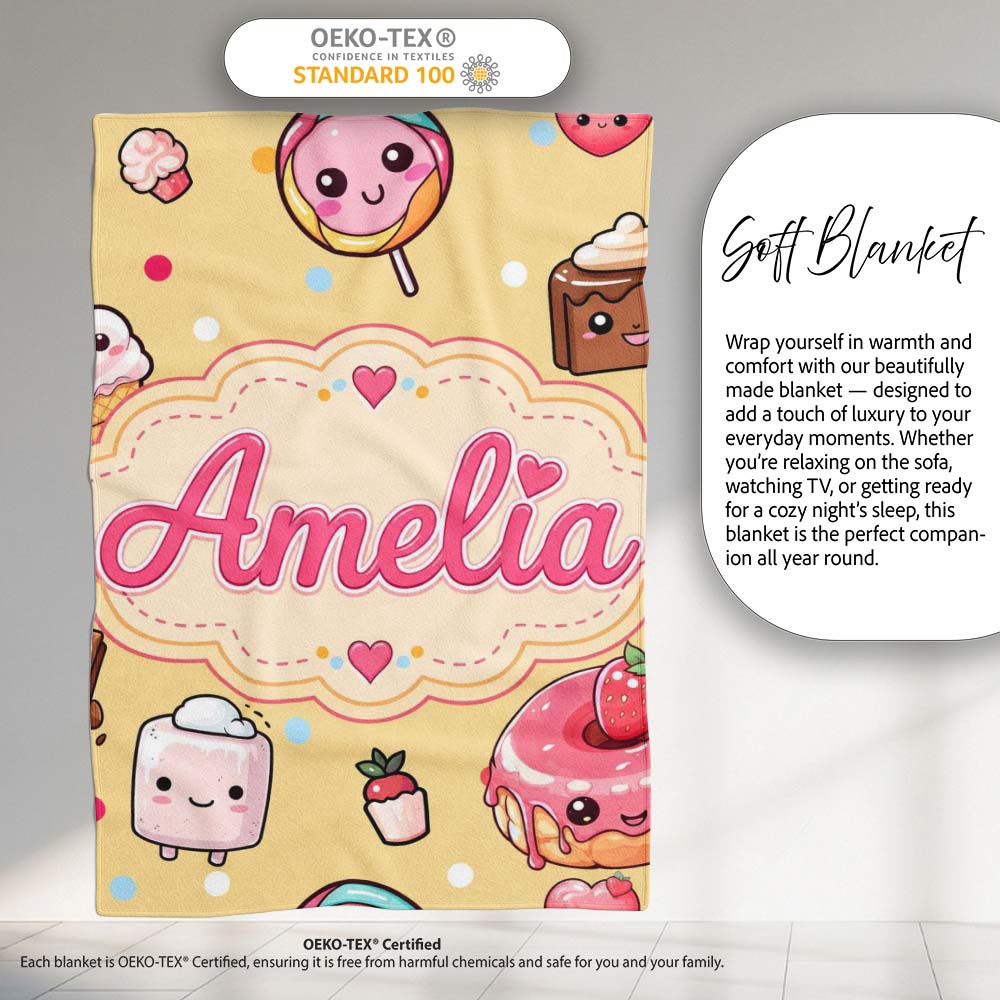 Desserts Cupcakes Donuts and Sweets on Soft Yellow Background Personalised Custom Name Super Soft Fleece Blanket Bed Sofa Throw