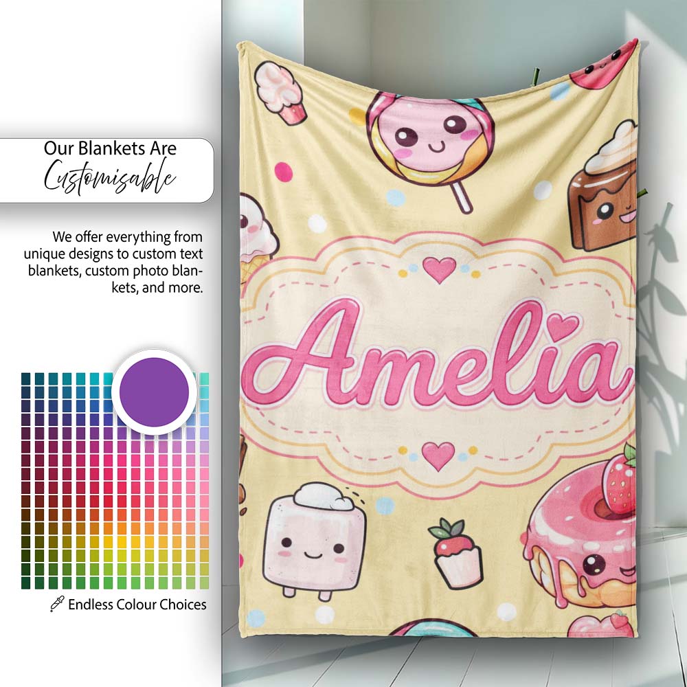 Desserts Cupcakes Donuts and Sweets on Soft Yellow Background Personalised Custom Name Super Soft Fleece Blanket Bed Sofa Throw
