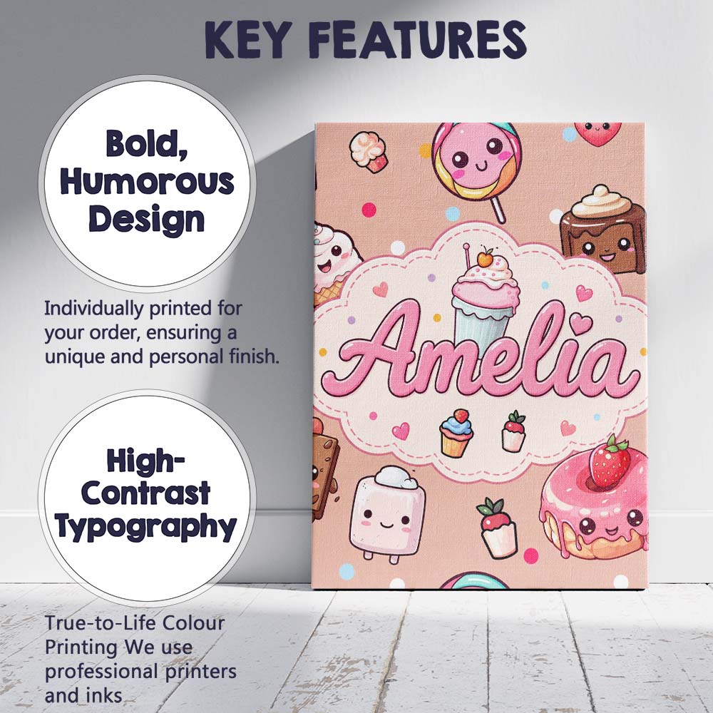 Personalised Name Kawaii Dessert Cupcakes Custom Unique Gift Idea Elegant Feature Canvas Wall Art Print Decor Picture Ready to Hang