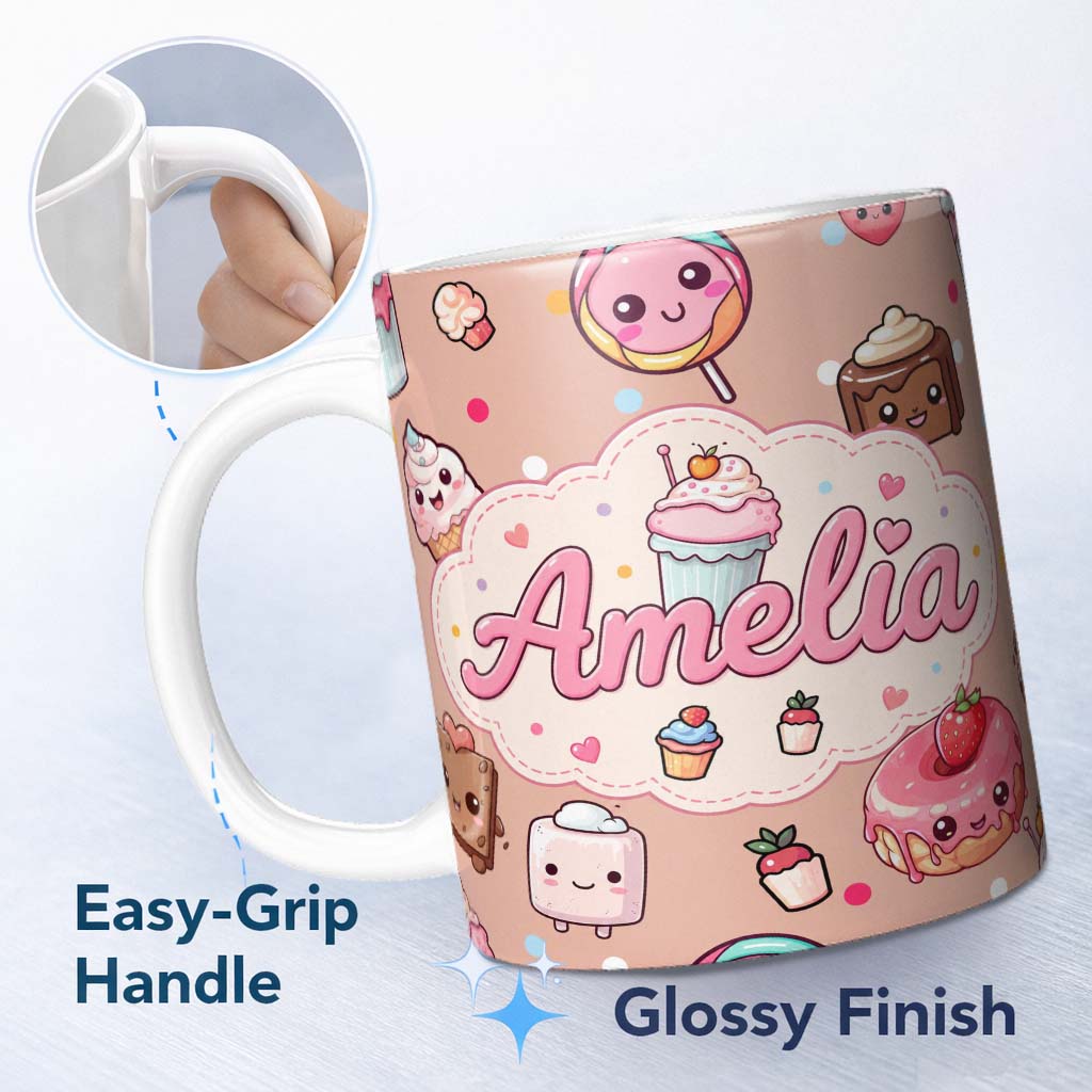 Personalized Custom Name Kawaii Dessert Cupcakes Donuts and Sweets on Peach Background 11oz Ceramic Coffee Tea Mug White Large Handle