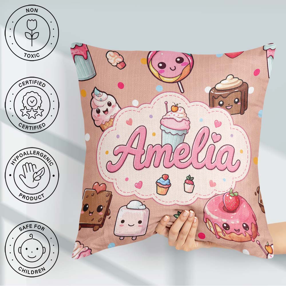 Custom Name Kawaii Dessert Donuts and Sweets on Peach Background Square Filled Cushion Throw Pillow Sofa Bed Home Decor Zip Washable UK Made