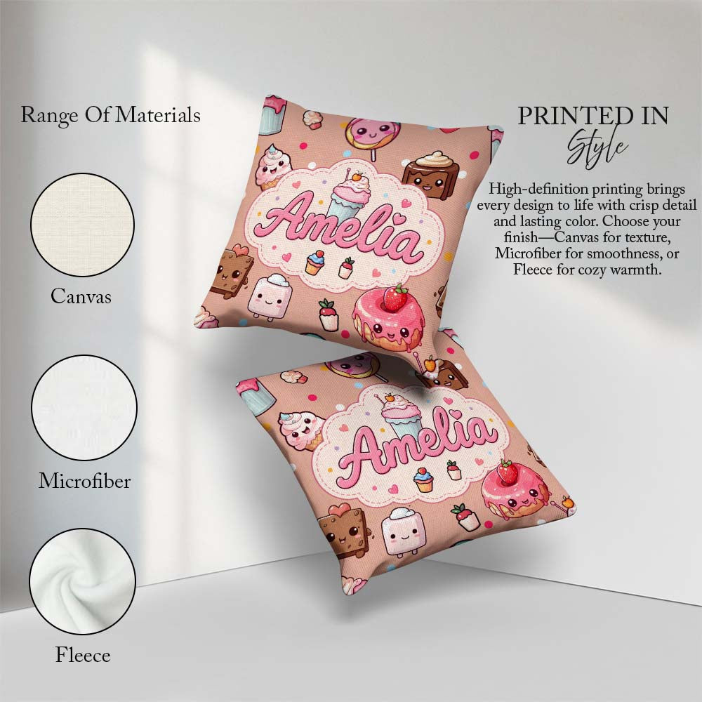 Custom Name Kawaii Dessert Donuts and Sweets on Peach Background Square Filled Cushion Throw Pillow Sofa Bed Home Decor Zip Washable UK Made
