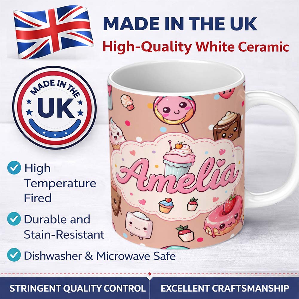 Personalized Custom Name Kawaii Dessert Cupcakes Donuts and Sweets on Peach Background 11oz Ceramic Coffee Tea Mug White Large Handle
