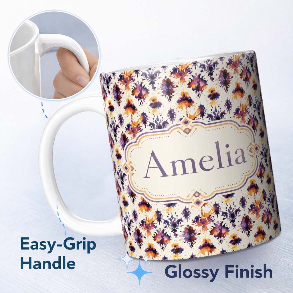 Personalized Custom Name Abstract Watercolor Ink Blot Artistic Splash Seamless Pattern Lovely 11oz Ceramic Coffee Tea Mug White Large Handle