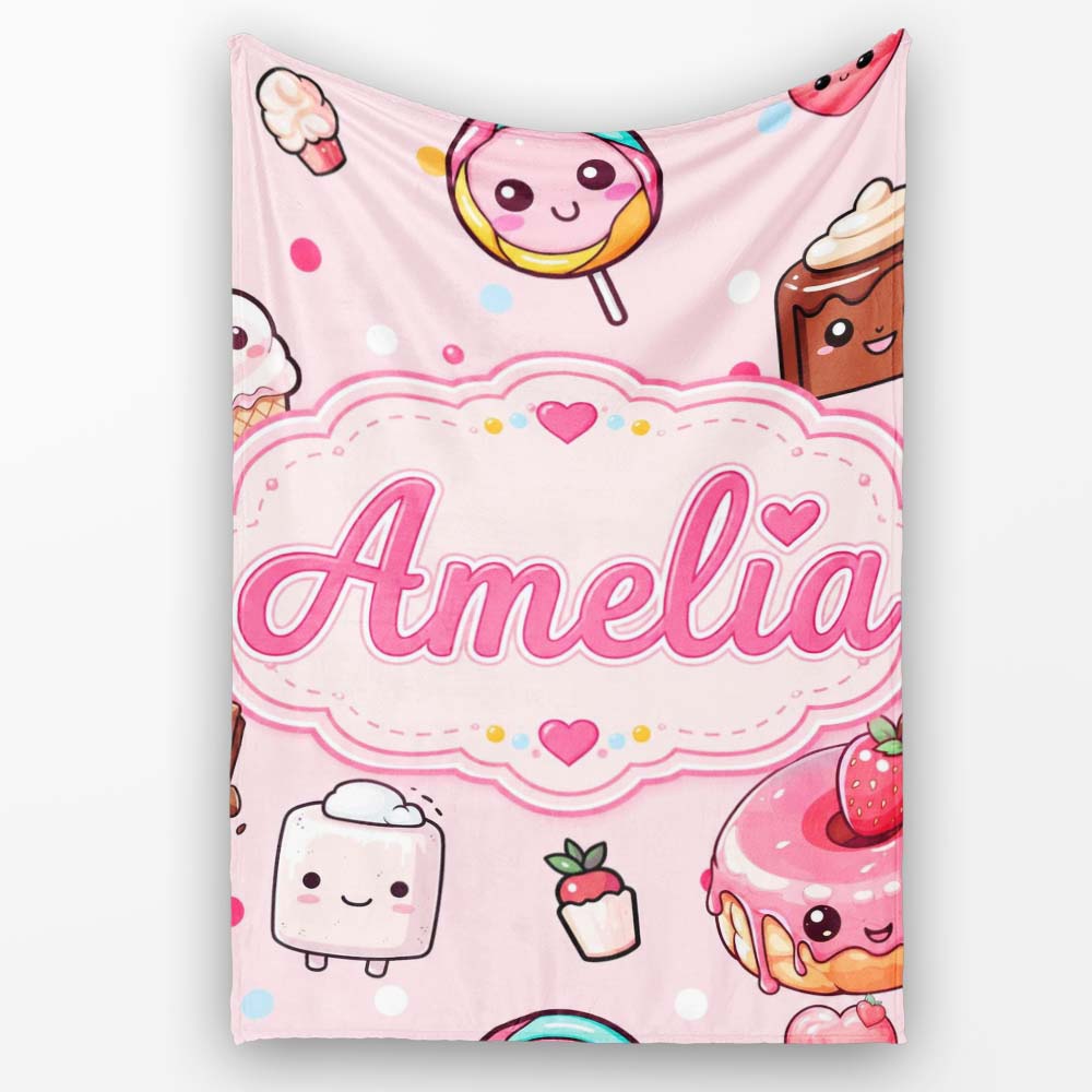 Desserts Cupcakes Donuts and Sweets on Blush Pink Background Personalised Custom Name Super Soft Fleece Blanket Bed Sofa Throw