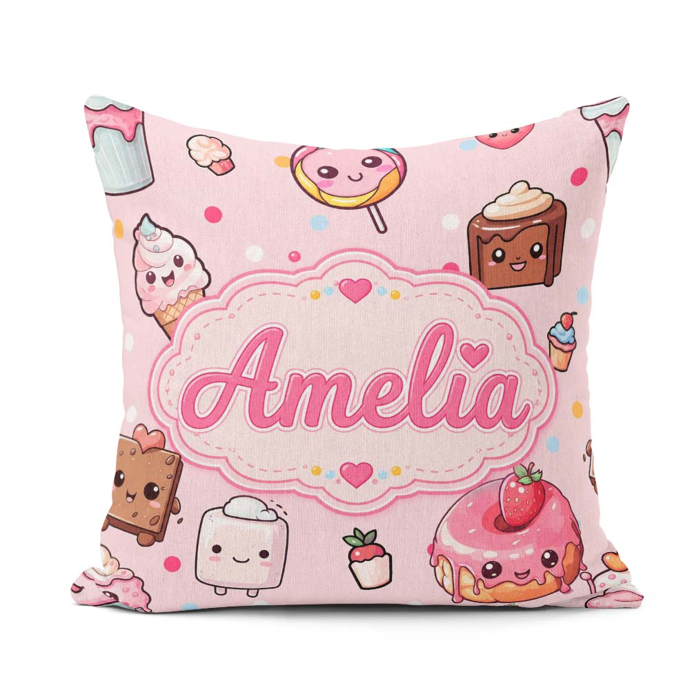 Custom Name Desserts Donuts and Sweets on Blush Pink Background Square Filled Cushion Throw Pillow Sofa Bed Home Decor Zip Washable UK Made
