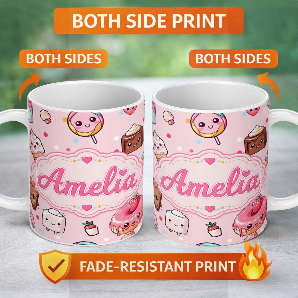 Personalized Custom Name Desserts Cupcakes Donuts and Sweets on Blush Pink Background 11oz Ceramic Coffee Tea Mug White Large Handle