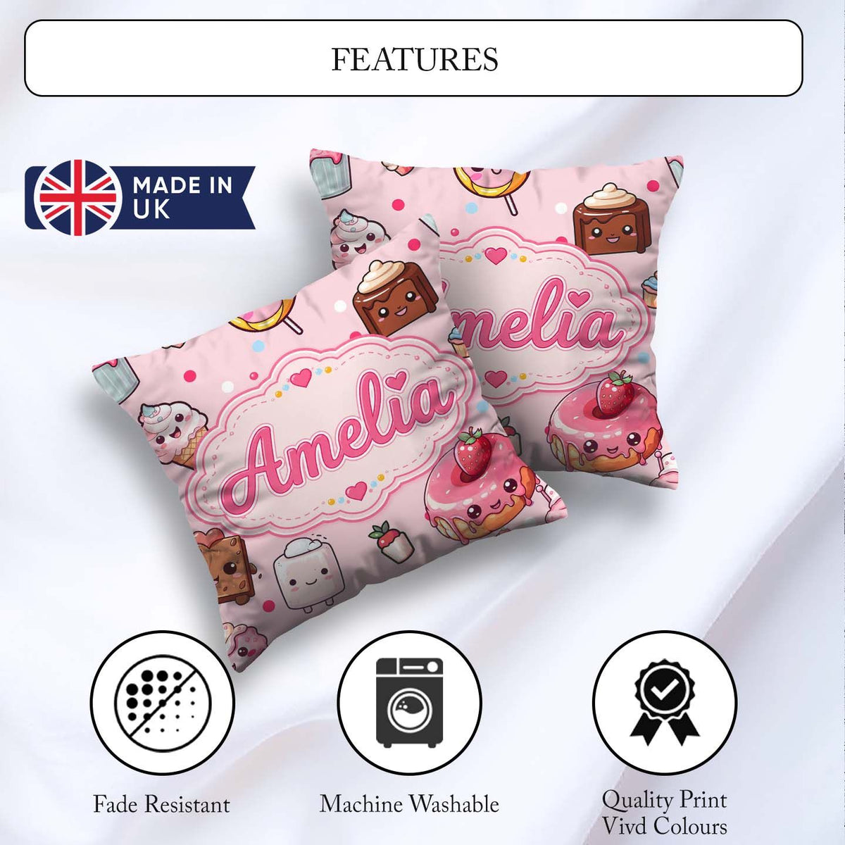 Custom Name Desserts Donuts and Sweets on Blush Pink Background Square Filled Cushion Throw Pillow Sofa Bed Home Decor Zip Washable UK Made