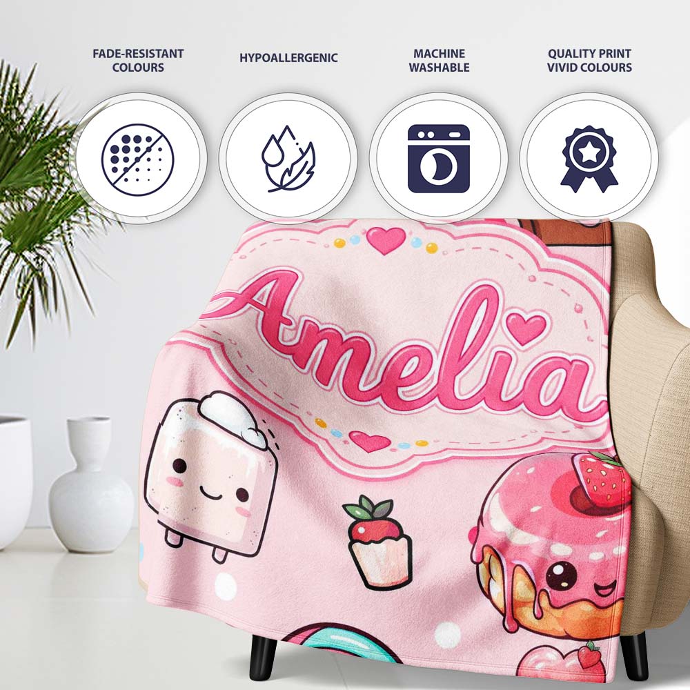 Desserts Cupcakes Donuts and Sweets on Blush Pink Background Personalised Custom Name Super Soft Fleece Blanket Bed Sofa Throw