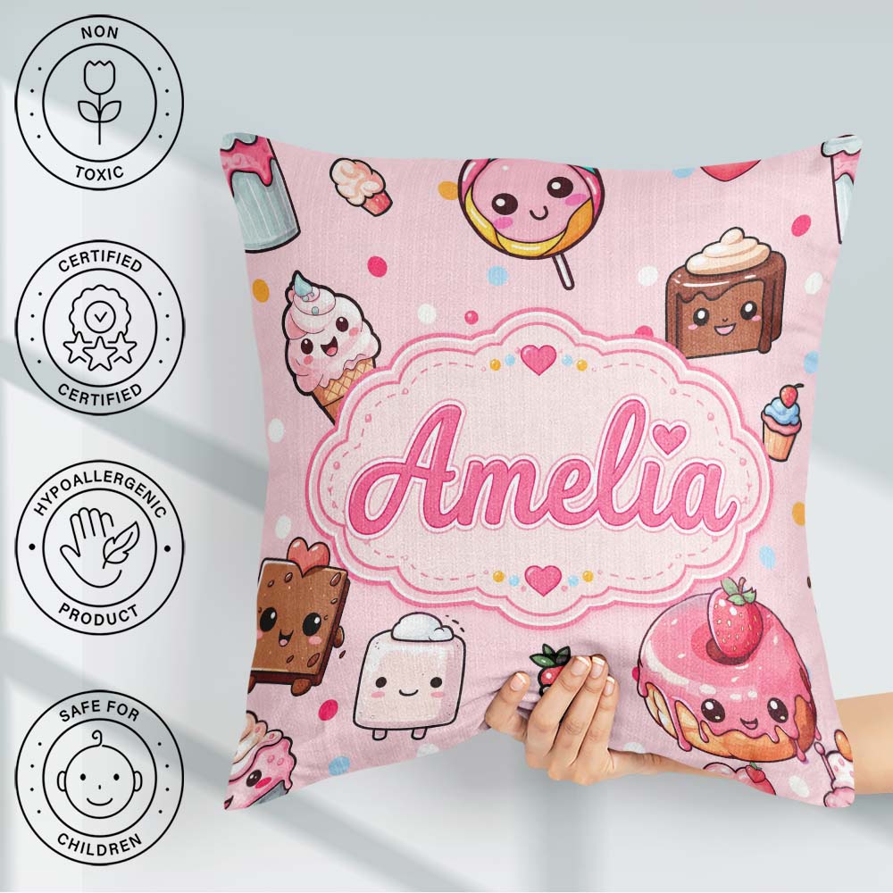 Custom Name Desserts Donuts and Sweets on Blush Pink Background Square Filled Cushion Throw Pillow Sofa Bed Home Decor Zip Washable UK Made