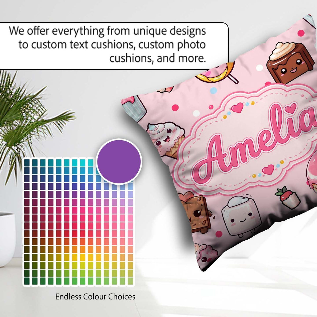 Custom Name Desserts Donuts and Sweets on Blush Pink Background Square Filled Cushion Throw Pillow Sofa Bed Home Decor Zip Washable UK Made