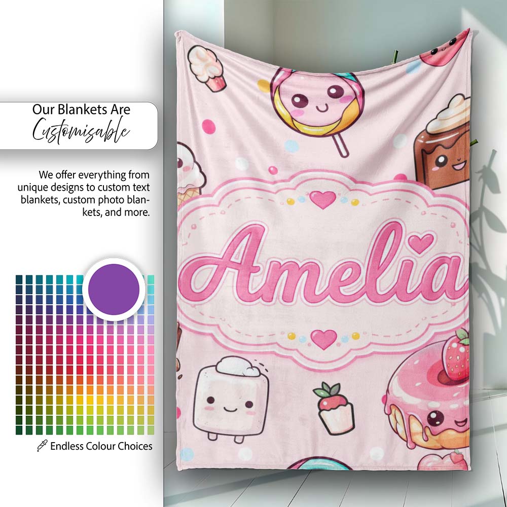 Desserts Cupcakes Donuts and Sweets on Blush Pink Background Personalised Custom Name Super Soft Fleece Blanket Bed Sofa Throw