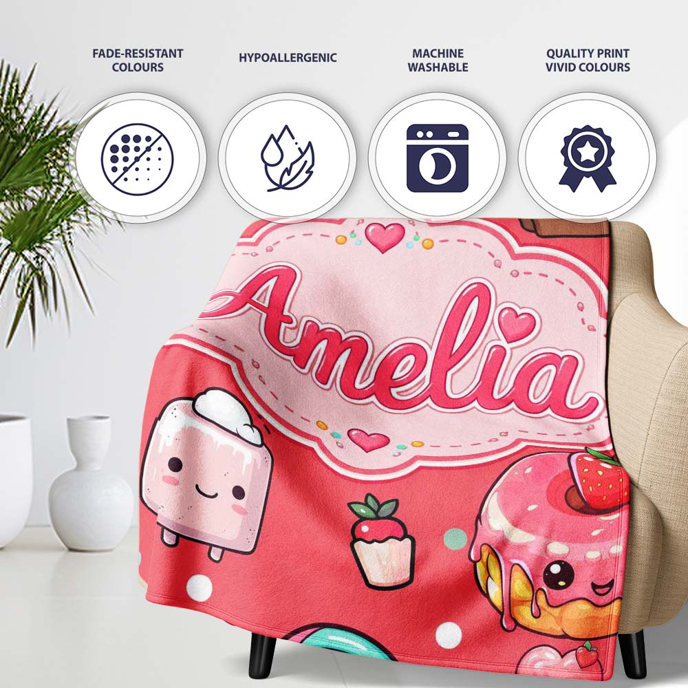 Kawaii Desserts Cupcakes Donuts and Sweets on Red Background Personalised Custom Name Super Soft Fleece Blanket Bed Sofa Throw