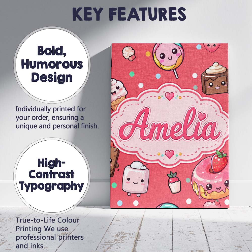 Personalised Name Kawaii Desserts Cupcakes Custom Unique Gift Idea Elegant Feature Canvas Wall Art Print Decor Picture Ready to Hang