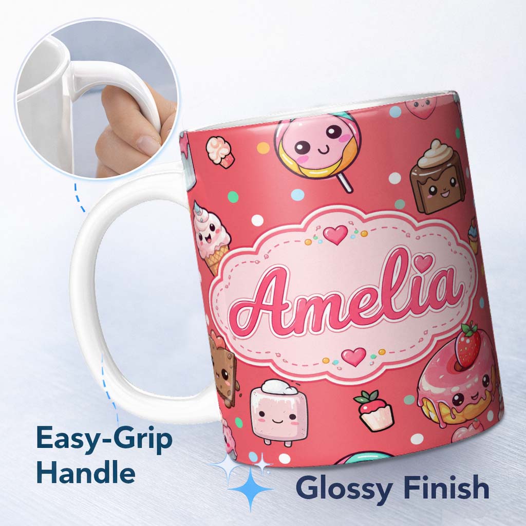 Personalized Custom Name Kawaii Desserts Cupcakes Donuts and Sweets on Red Background 11oz Ceramic Coffee Tea Mug White Large Handle