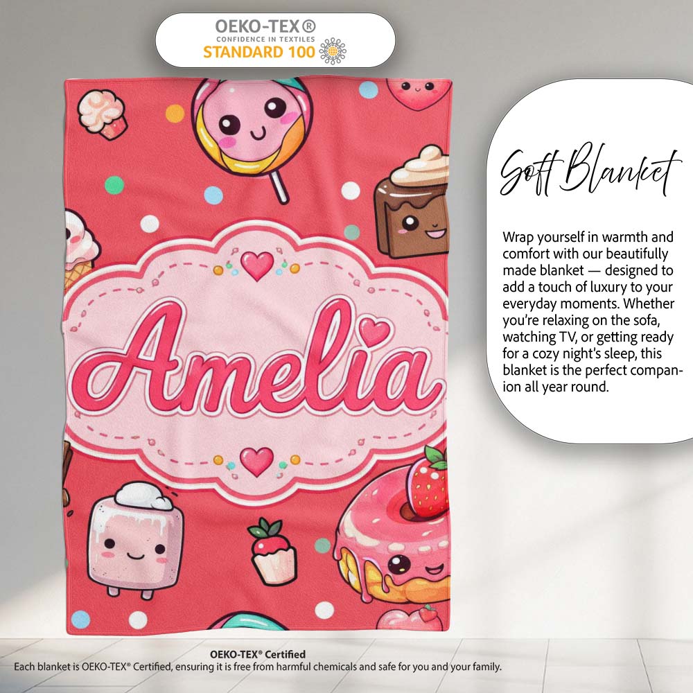 Kawaii Desserts Cupcakes Donuts and Sweets on Red Background Personalised Custom Name Super Soft Fleece Blanket Bed Sofa Throw