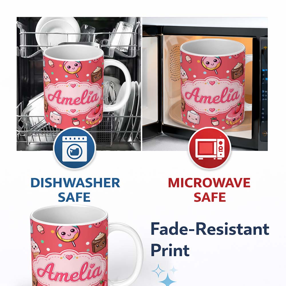 Personalized Custom Name Kawaii Desserts Cupcakes Donuts and Sweets on Red Background 11oz Ceramic Coffee Tea Mug White Large Handle