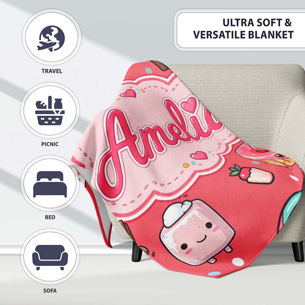 Kawaii Desserts Cupcakes Donuts and Sweets on Red Background Personalised Custom Name Super Soft Fleece Blanket Bed Sofa Throw