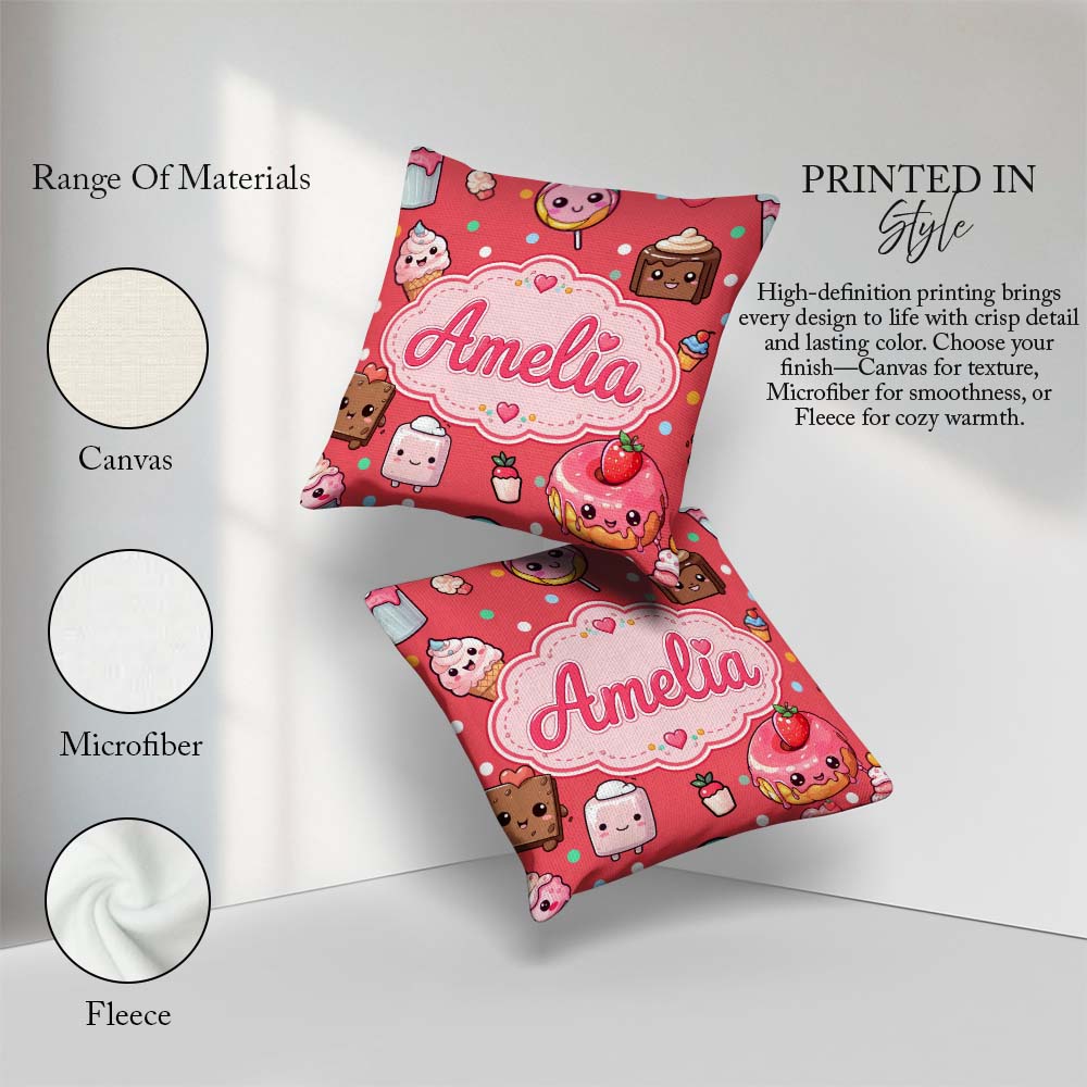Custom Name Kawaii Desserts Donuts and Sweets on Red Background Square Filled Cushion Throw Pillow Sofa Bed Home Decor Zip Washable UK Made