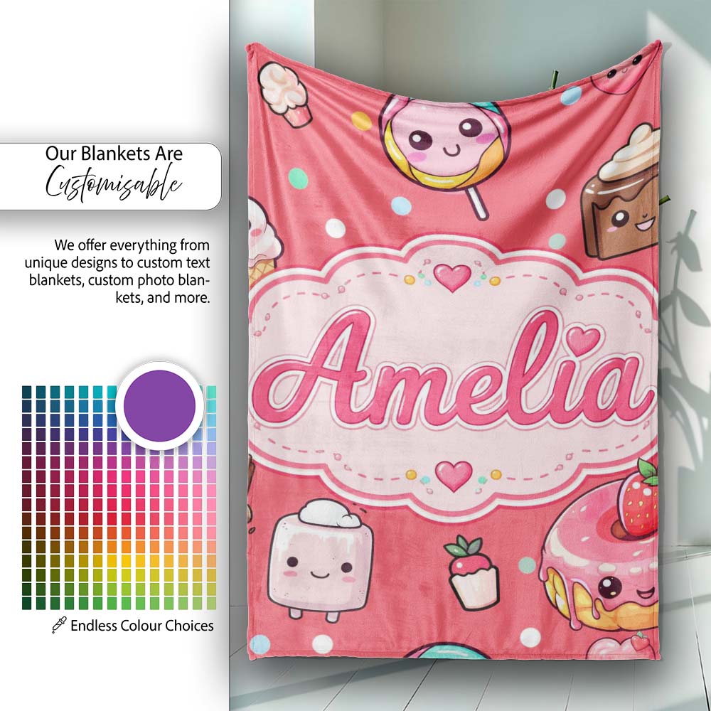 Kawaii Desserts Cupcakes Donuts and Sweets on Red Background Personalised Custom Name Super Soft Fleece Blanket Bed Sofa Throw