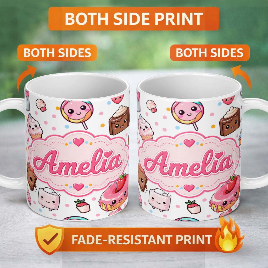 Personalized Custom Name Kawaii Desserts Cupcakes Donuts and Sweets on Grey Background 11oz Ceramic Coffee Tea Mug White Large Handle