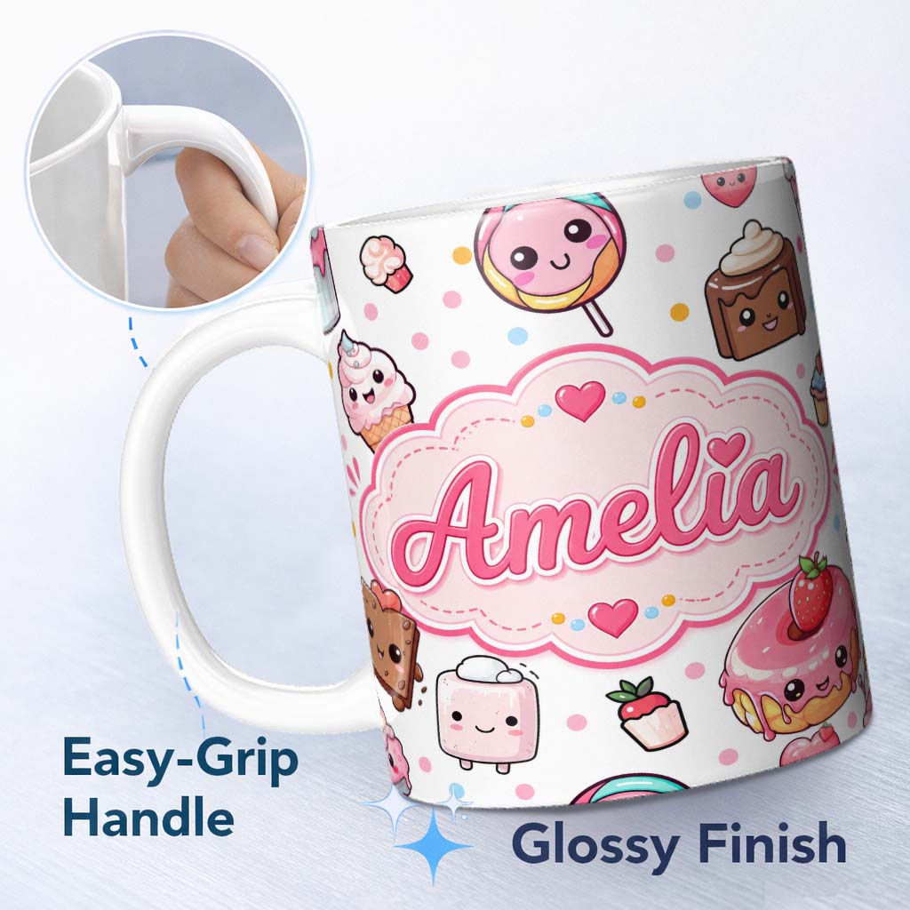 Personalized Custom Name Kawaii Desserts Cupcakes Donuts and Sweets on Grey Background 11oz Ceramic Coffee Tea Mug White Large Handle