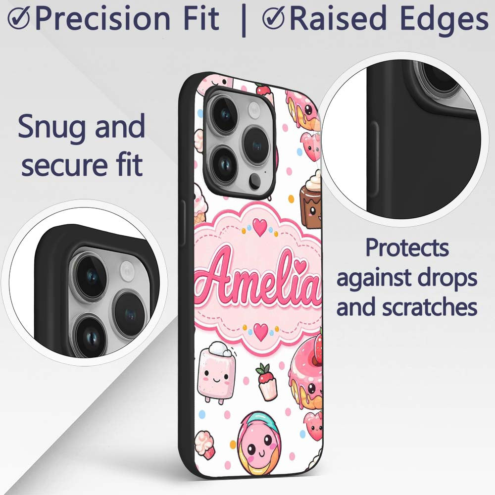 Kawaii Desserts Cupcakes Donuts and Sweets on Custom Name Protective Phone Case Mobile Cover Durable Everyday Smartphone Shock Resistant