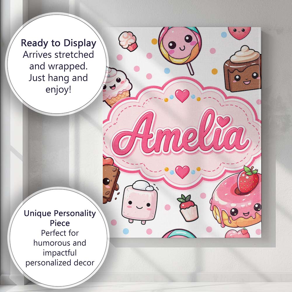 Personalised Name Kawaii Desserts Cupcakes Custom Unique Gift Idea Elegant Feature Canvas Wall Art Print Decor Picture Ready to Hang
